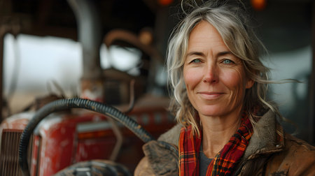 Middle aged woman farmer smiling proudly beside her trusty tractor. Concept Farm Life, Proud Farmer, Middle-Aged Woman, Smiling Portrait, Tractor Companionの素材