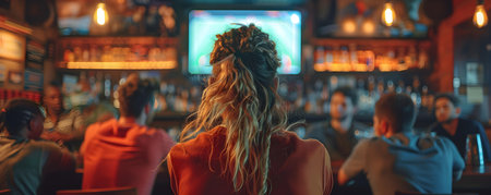 Rear view of rugby fans watching a game at a bar A diverse group of rugby fans including people of different genders and races watching a game at a crowded bar. Concept Sports Fans, Diverse Crowdの素材
