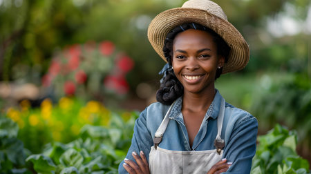 Portrait of a happy Black woman farmer tending to crops outdoors. Concept Farm Life, African American, Agriculture, Women Empowerment, Outdoor Portraitsの素材