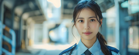 Woman guard at water treatment plant Security and diversity in the workplace with a female security guard of Asian descent ensuring safety at a water treatment plant. Concept Security at Water Treatmentの素材