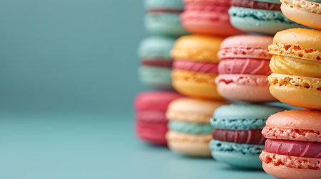 Colorful macarons arranged in an artistic pattern display vibrant beauty. Concept Food Photography, Vibrant Colors, Artistic Arrangement, Dessert Presentationの素材