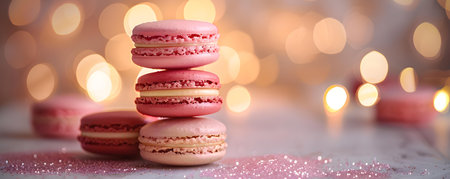 Vivid closeup of macarons with lights in the background shallow focus. Concept Food Photography, Close-up Shots, Bokeh Effect, Macarons, Indoor Lightingの素材