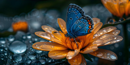 Close-up of a vivid blue butterfly on a dew-covered flower submerged in water. Concept Close-up Photography, Nature Shot, Vibrant Colors, Insect Macro, Water Dropletsの素材
