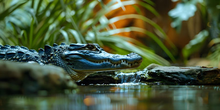 Exploration of a Crocodile in a Lush Jungle with Cascading Waterfalls. Concept Wildlife Photography, Jungle Adventure, Crocodile Encounter, Nature Exploration, Waterfall Sceneryの素材
