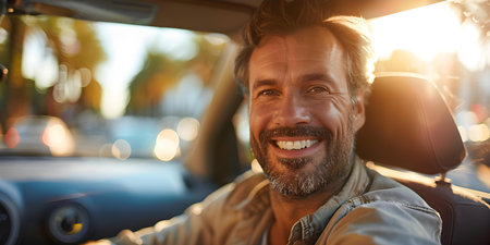 The Joyful Man Behind the Wheel: Smiling as He Drives. Concept Smiling Driver, Joyful Drive, Happy Road Trip, Car Portrait, Feeling Aliveの素材