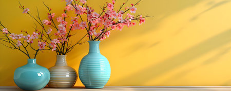 Colorful vases and pots displayed on a yellow surface with space for text. Concept Product Photography, Decorative Vases, Colorful Pots, Yellow Background, Copy Spaceの素材