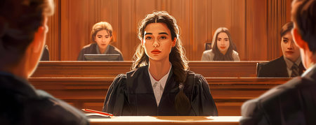 A female attorney energetically advocates for her client in a courtroom illustration. Concept Courtroom Drama, Female Attorney, Energetic Advocacy, Legal Representation, Artistic Illustrationの素材
