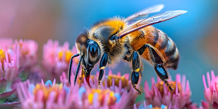 Capturing the Beauty of a Bee Pollinating a Colorful Flower in a Field. Concept Nature Photography, Pollination, Wildlife, Flower Garden, Macro Photographyの素材