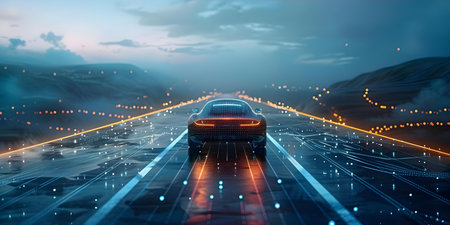 Creating a D Model of a Futuristic Car Driving on a Digital Road: Rendering. Concept 3D Modeling, Futuristic Car, Digital Road, Rendering, Visualizationの素材