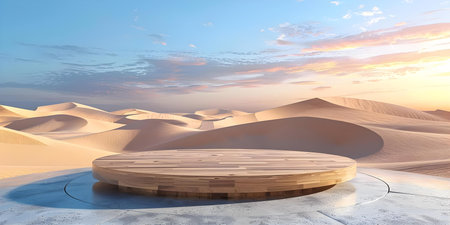 Drendered wooden podium in a vast desert landscape with sand dunes. Concept Desert, Wooden Podium, Rendered, Sand Dunes, Vast Landscapeの素材