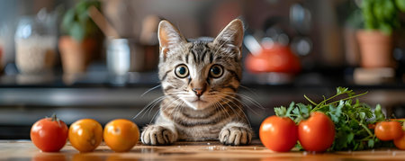 A cat observing a chef's precise culinary technique in a kitchen. Concept Cat, Chef, Culinary Technique, Kitchen, Observationの素材