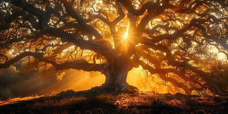 The Symbolic Beauty of an Oak Tree Bathed in Golden Sunlight. Concept Nature Photography, Sunlight and Shadows, Trees and Landscapes, Symbolism and Meaningの素材