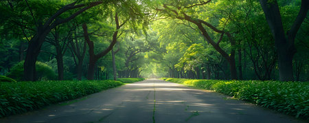 Shaded by a lush green canopy: Providing natural beauty to a street. Concept Green Canopy, Urban Landscape, Street View, Natural Shadeの素材