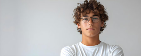A confident young student poses against a simple white background. Concept Portrait Photography, Student Portraits, Confidence, White Background, Young Adultの素材