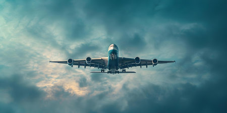A large airplane flying through a serene blue sky symbolic of freedom. Concept Transportation, Air travel, Freedom, Serenity, Blue skyの素材