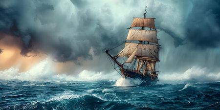 Navigating through rough waters: A sailing ship battles a storm at sea. Concept Adventure, Survival, Stormy Seas, Sailing, Challengesの素材