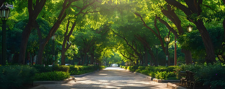 A lush green canopy providing shade and natural beauty to a street. Concept Green Architecture, Urban Landscaping, Sustainable Cities, Street Trees, Natural Canopyの素材
