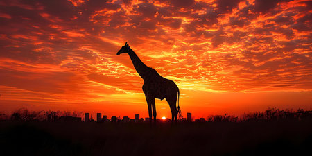 A solitary giraffe silhouetted against a stunning sunset sky backdrop. Concept Wildlife Photography, Sunset Silhouettes, Animal Portraits, Nature Scenesの素材