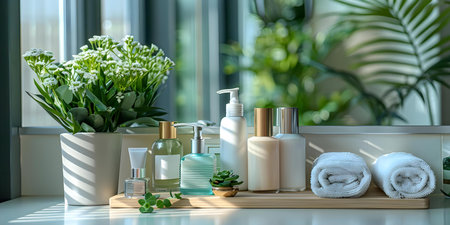 A stylish work space with elegant decor and beauty essentials on desk. Concept Elegant Workspace, Beauty Essentials, Stylish Decorの素材