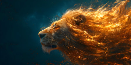 Abstract lion head illustration symbolizing strength and power in fantasized form. Concept Fantasy Art, Lion Illustration, Strength Symbol, Abstract Designの素材