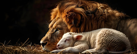 Biblical symbolism lion and lamb Jesus crowned with thorns on black background. Concept Religious Art, Biblical Imagery, Lion and Lamb, Jesus Crowned with Thornsの素材