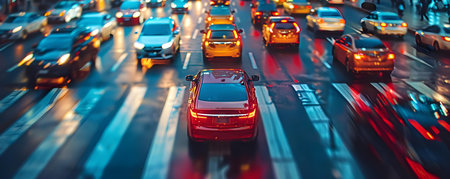 Busy urban intersection with multiple vehicles at standstill during peak traffic. Concept Cityscape, Traffic congestion, Urban lifestyle, Rush hour, Gridlocked intersectionの素材