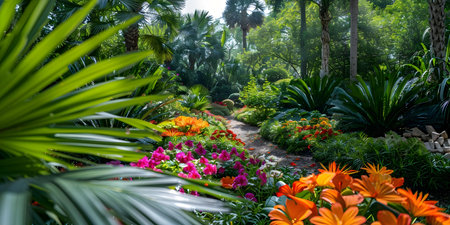 Lush Oasis: Diverse Plants and Trees in a Colorful Botanical Garden. Concept Botanical Gardens, Plant Diversity, Tree Varieties, Colorful Oasis, Lush Greeneryの素材
