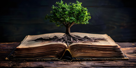 Nurturing Wonder and Growth: A Book with a Tree Sprouting from its Pages. Concept Nature, Imagination, Growth, Learning, Inspirationの素材
