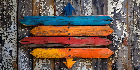 Colorful vintage wooden directional signs in a retrostyle setting. Concept Vintage Decor, Wooden Signs, Retro Style, Colorful Props, Directional Signageの素材
