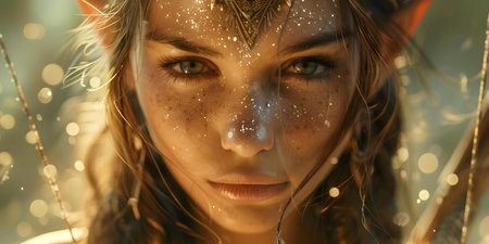 Majestic female warrior elf in a magical forest scene. Concept Fantasy Character, Warrior Elf, Magical Forest, Outdoor Photoshoot, Cosplay Costumeの素材