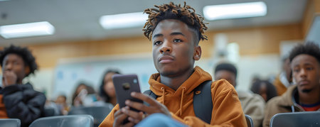 High school student discreetly looking at phone during classroom lecture. Concept School, Students, Classroom, Technology, Educationの素材