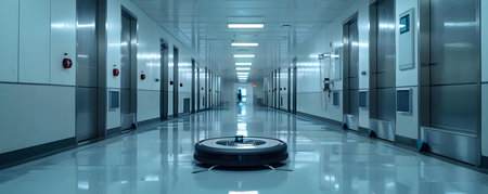 A robotic vacuum effortlessly navigates a tidy room to complete its task. Concept Home Appliances, Robotics, Cleaning Technologyの素材