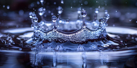 Crown dropping gracefully in water creating elegant ripples and reflections. Concept Water Droplets, Crown Photography, Elegant Ripples, Reflective Surfaces, Graceful Movementの素材
