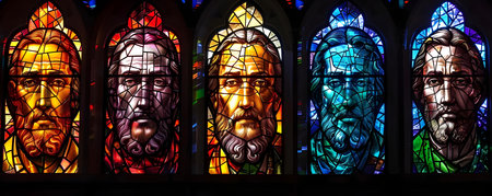 Diverse stained glass images featuring religious figures like Jesus Christ. Concept Religious Art, Stained Glass, Christian Iconography, Diverse Representation, Jesus Christの素材