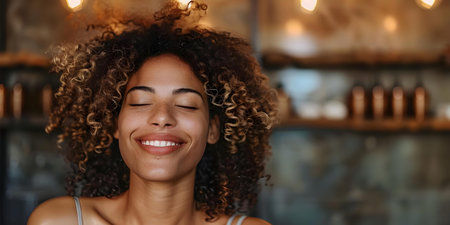 Happy woman receiving hair services at salon showing gratitude and satisfaction. Concept Hair Salon Experience, Customer Satisfaction, Women's Beauty Services, Gratitude Expressionの素材