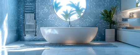 Spotless Bathroom with Shiny Tiles and Immaculate Surfaces Emanating Cleanliness and Hygiene. Concept Clean Bathroom, Shiny Tiles, Immaculate Surfaces, Cleanliness, Hygieneの素材