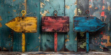 Vintage Wooden Signs in Retro Style with Vibrant Colors. Concept Retro Signs, Vintage Decor, Wooden Art, Colorful Designs, Nostalgic Vibesの素材