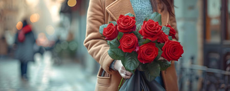 Lady holds a bunch of roses in a stylish handbag outdoors. Concept Outdoor Photoshoot, Stylish Handbag, Roses, Fashionable Posesの素材