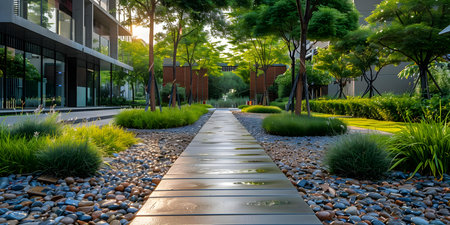 Green urban landscape managing rainwater with treelined streets sidewalks for sustainability. Concept Green Infrastructure, Tree-Lined Streets, Rainwater Management, Urban Sustainabilityの素材