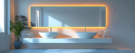 Modern bathroom mirror with LED lighting hanging on clean white wall. Concept Home decor, Modern design, LED lighting, Bathroom accessories, Interior designの素材