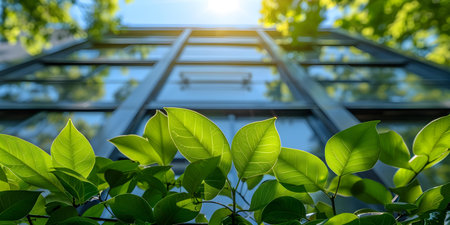 Sunlit Green Plants Creating an Outdoor Aesthetic on the Building's Edge. Concept Outdoor Photoshoot, Green Plants, Building Aesthetic, Sunlit Environment, Natural Outdoorsの素材