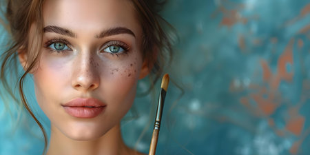 Female artist holding painting brush near face focused on creative inspiration. Concept Portrait Photography, Artist Inspiration, Creative Process, Female Empowerment, Artistic Expressionの素材