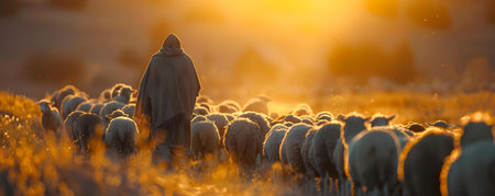 Religious figure praying in sunlight leading flock of sheep in field. Concept Faith, Spirituality, Nature, Leadership, Connectionの素材