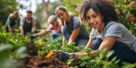 People of all ages working together on community beautification projects. Concept Community Beautification, Intergenerational Collaboration, Volunteerism, Public Service, Civic Engagementの素材