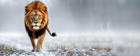 Majestic lion with fiery mane poised on white background exuding regal power. Concept Lion Photography, Fire Mane, Regal Power, Majestic Pose, White Backgroundの素材