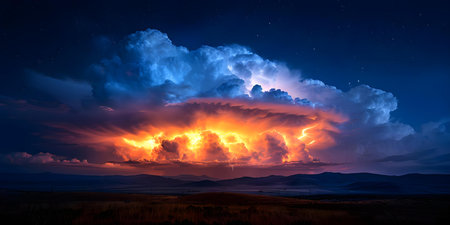 Natures fiery display a storm gathering strength lighting up the night sky. Concept Nature, Fire, Storm, Lightning, Night Skyの素材
