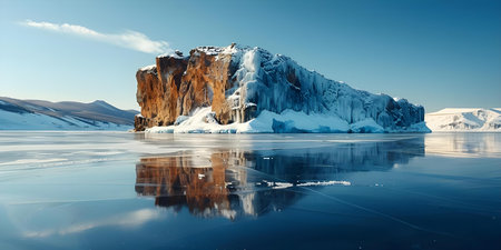 Icy wilderness scene Ogoy Island in Lake Baikal with rock formation. Concept Wilderness Photography, Ogoy Island, Lake Baikal, Icy Landscapes, Rock Formationsの素材