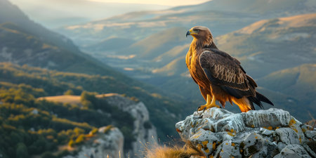 Majestic Griffin Perched Fearlessly on Steep Rocky Outcrop with Dramatic Landscape View. Concept Griffin, Majestic Pose, Rocky Outcrop, Dramatic Landscape Viewの素材