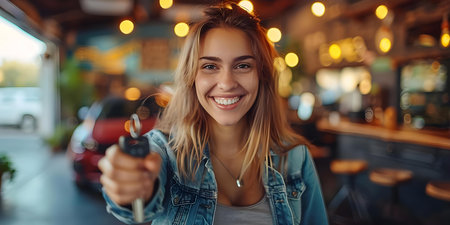 Excited woman holding car experience keys portraying positive vehicle purchase. Concept Car Keys, Happy Woman, Vehicle Purchase, Excitement, Positive Experienceの素材