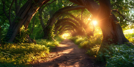 Mystical Forestscape Sparking Curiosity and Awe. Concept Nature Photography, Enchanting Landscapes, Whimsical Forests, Magical Atmosphere, Curious Explorationsの素材